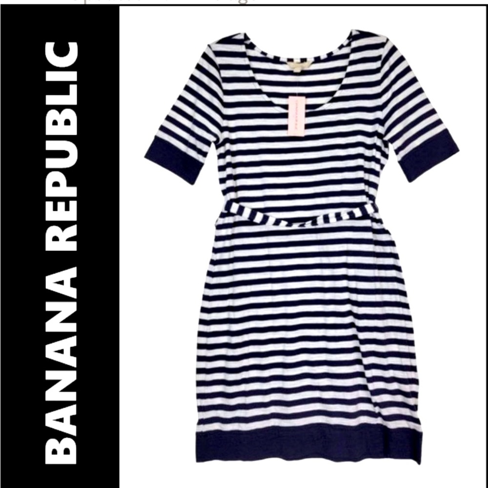 Banana Republic Dress Black Stripe‎ Short Sleeve Sheath Back Zips Size Small